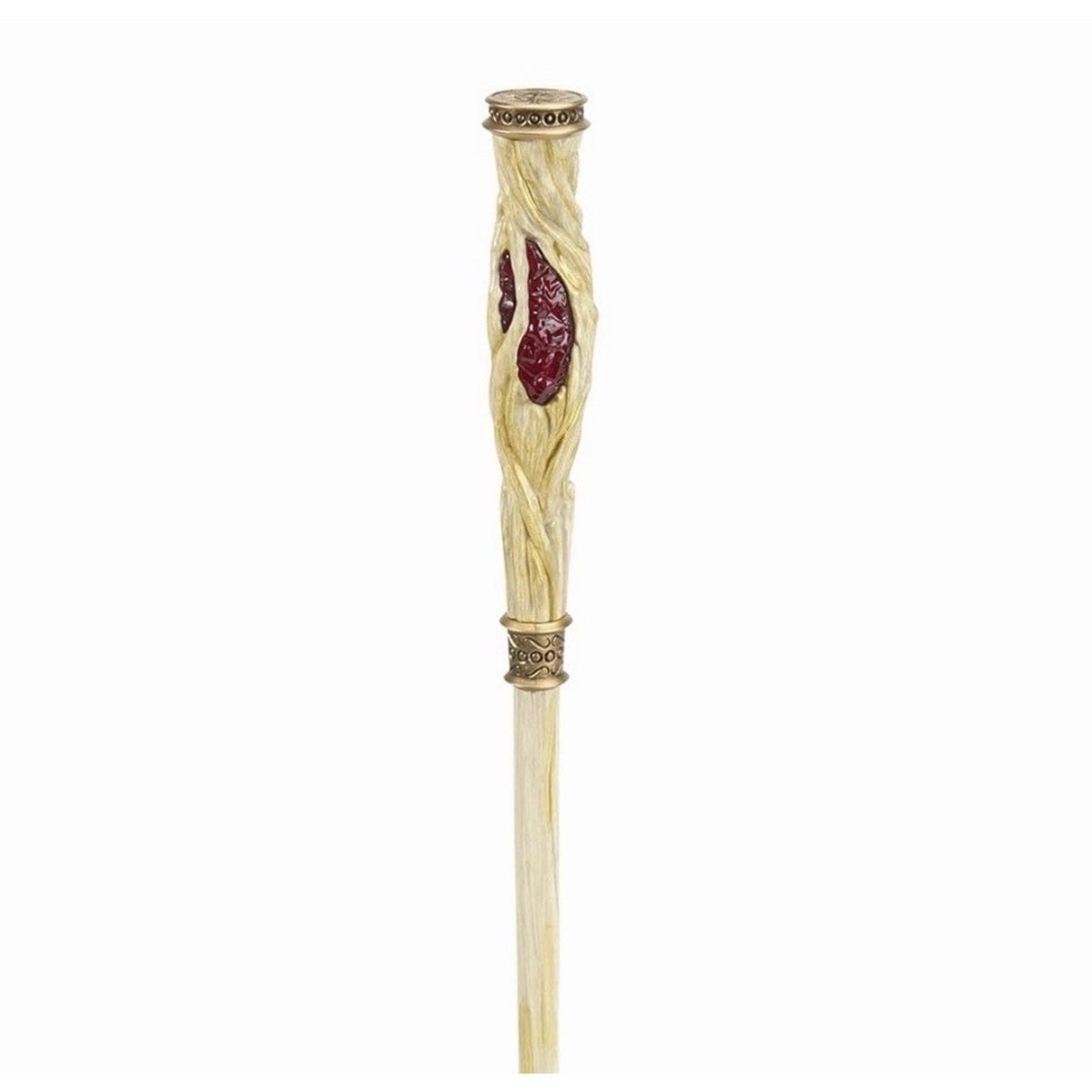 Upper section of the Pine wand, showing the textured cream handle, red inlays, and bronze-tone decorative bands.