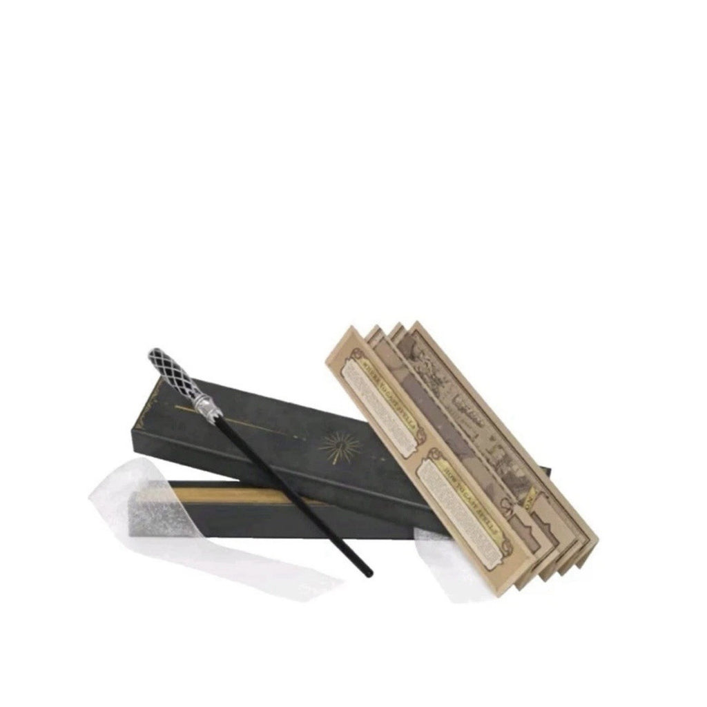 Redwood wand displayed diagonally with its black presentation box, folded paper inserts and protective wrapping.