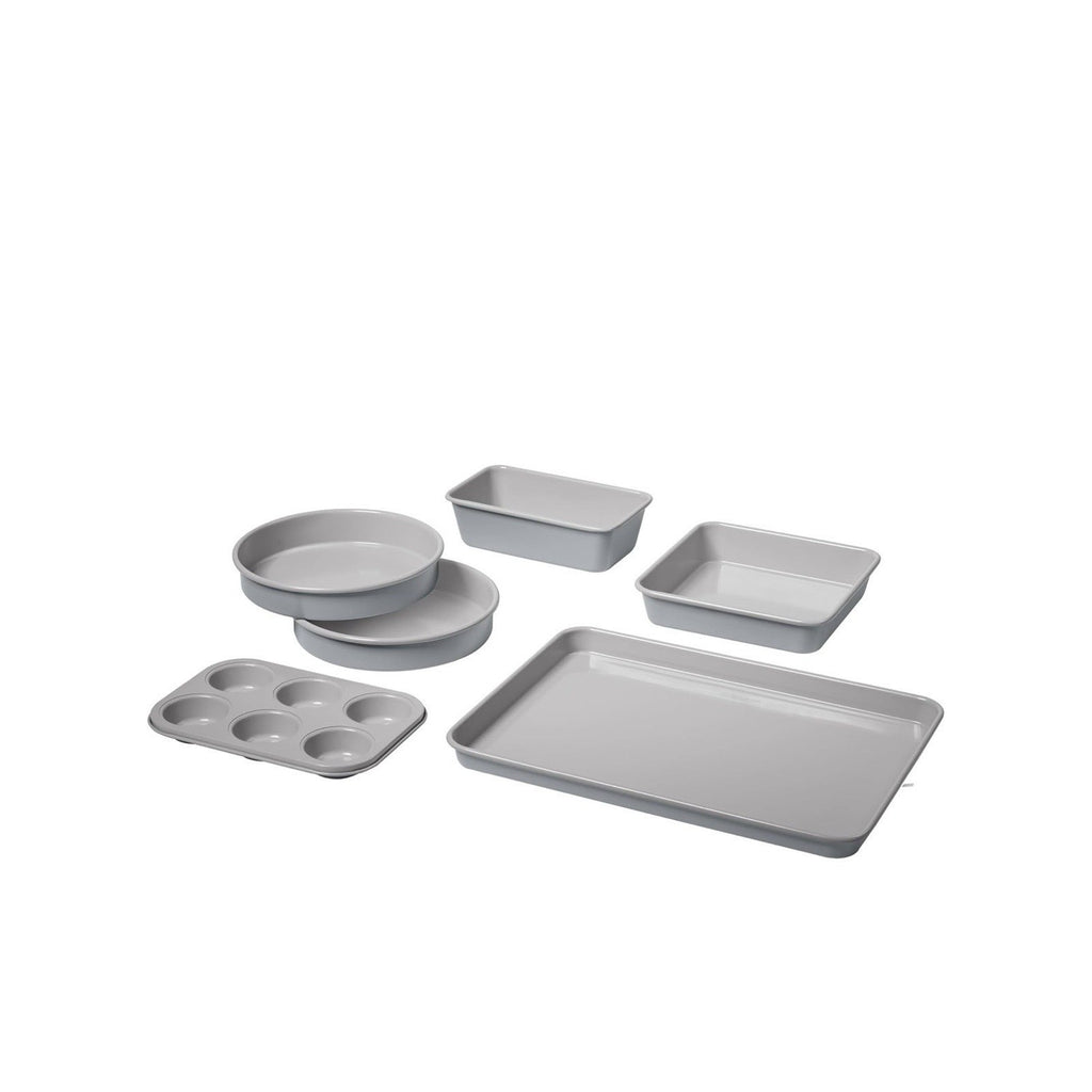 Catalog layout of a six-piece bakeware set: two round cake pans, loaf pan, square pan, baking sheet and six-cup muffin pan.