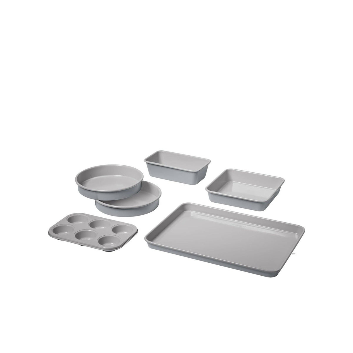 Catalog layout of a six-piece bakeware set: two round cake pans, loaf pan, square pan, baking sheet and six-cup muffin pan.