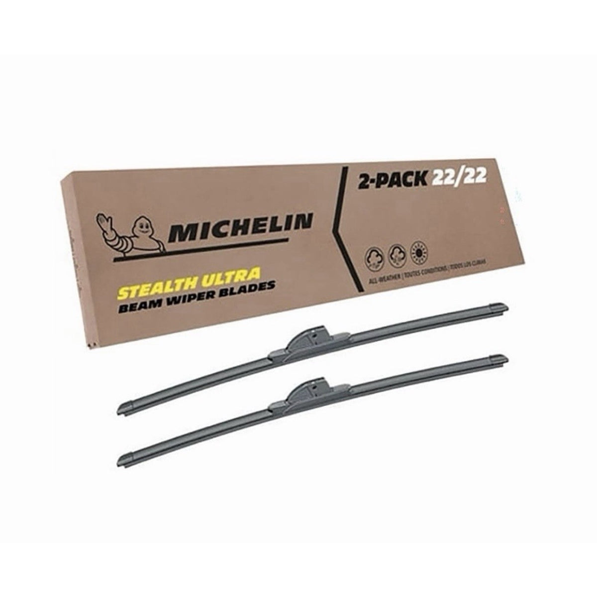 Two Michelin Stealth Ultra wiper blades beside a box labeled 2-pack 22/22.