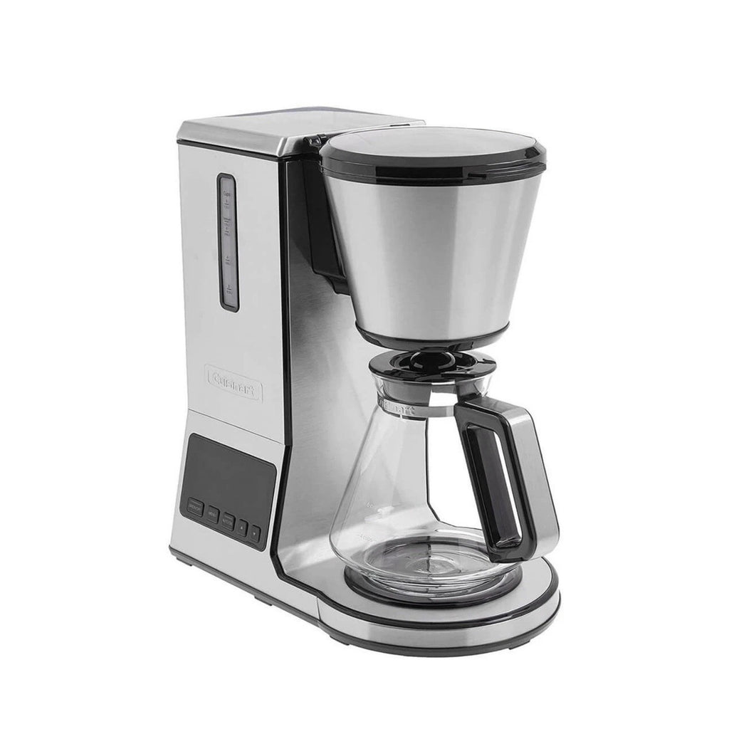 Angled catalog view of Cuisinart PurePrecision coffee brewer with empty glass carafe and unlit control panel.