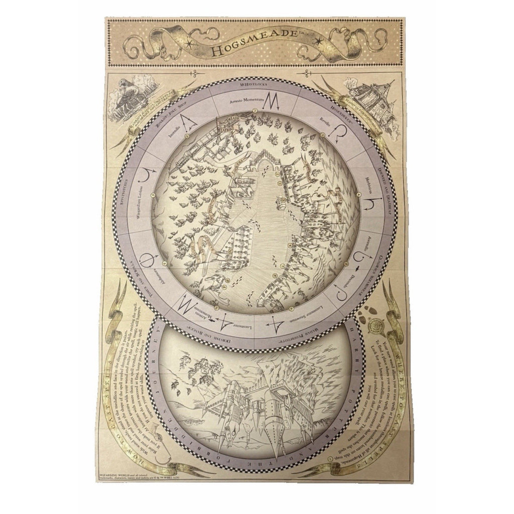 Unfolded Hogsmeade spell map with overlapping circular illustrations and wand-movement symbols.