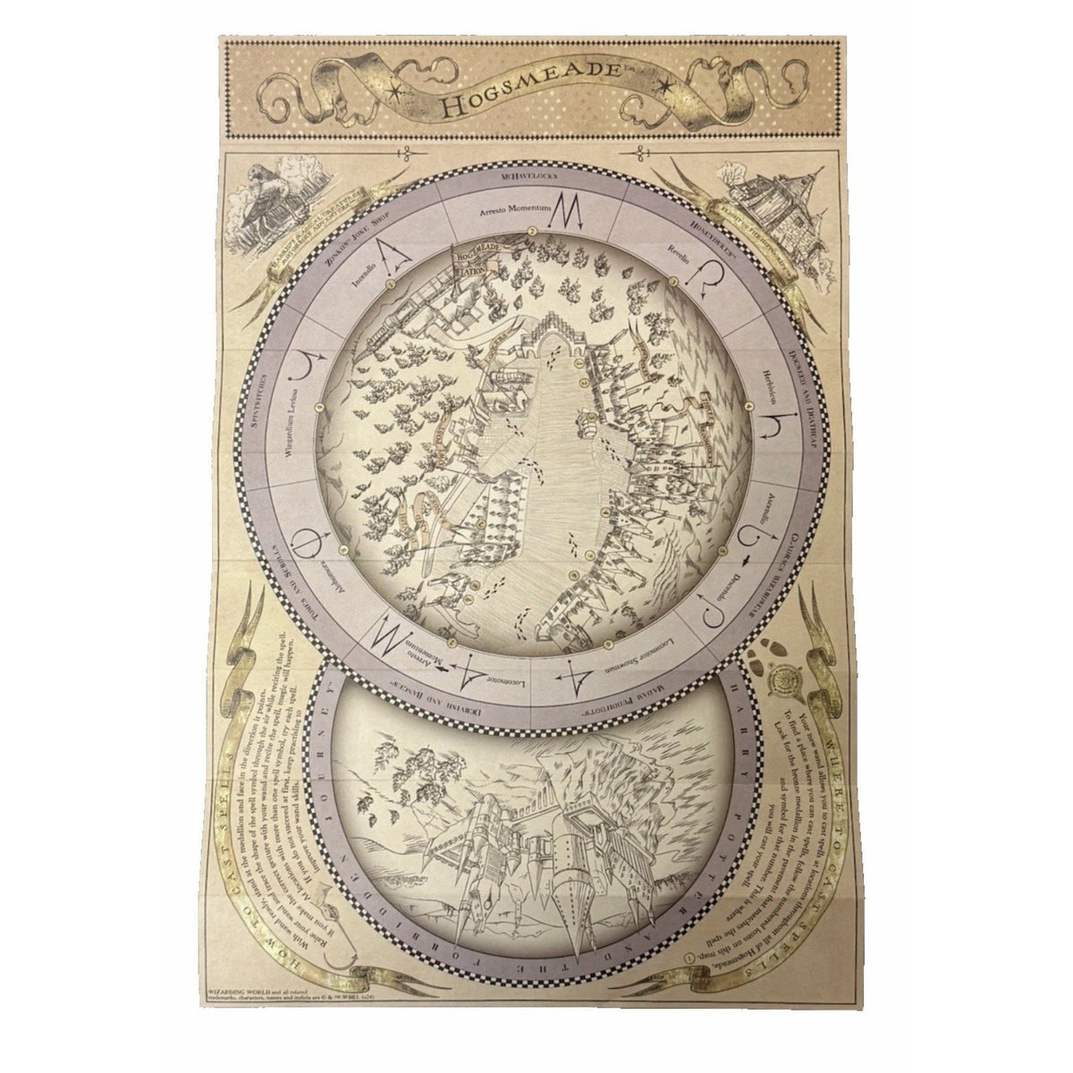 Unfolded Hogsmeade spell map with overlapping circular illustrations and wand-movement symbols.