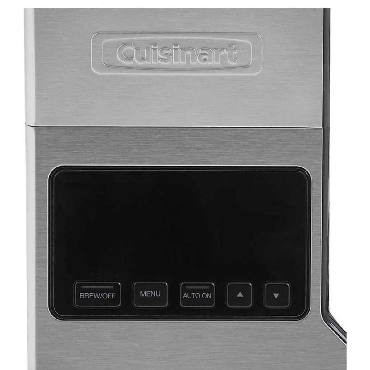 Close-up of Cuisinart brewer control panel with Brew/Off, Menu, Auto On, and up/down arrow buttons.