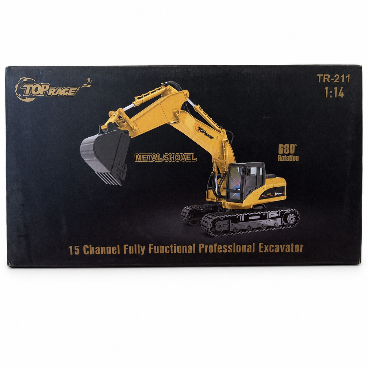 Top Race TR-211 1:14 RC excavator retail box on a clean white background