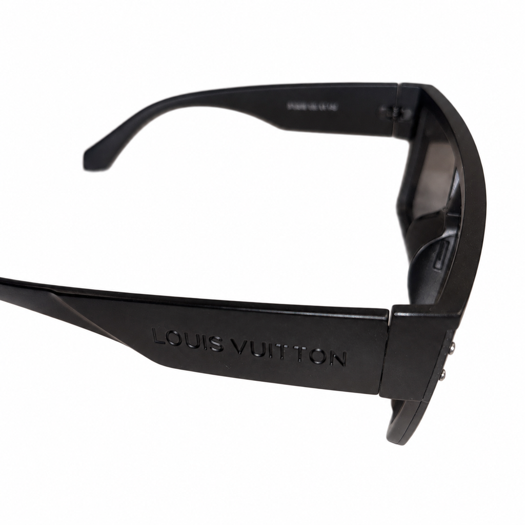 Louis Vuitton Waimea sunglasses, outer temple and side frame detail against a white background.
