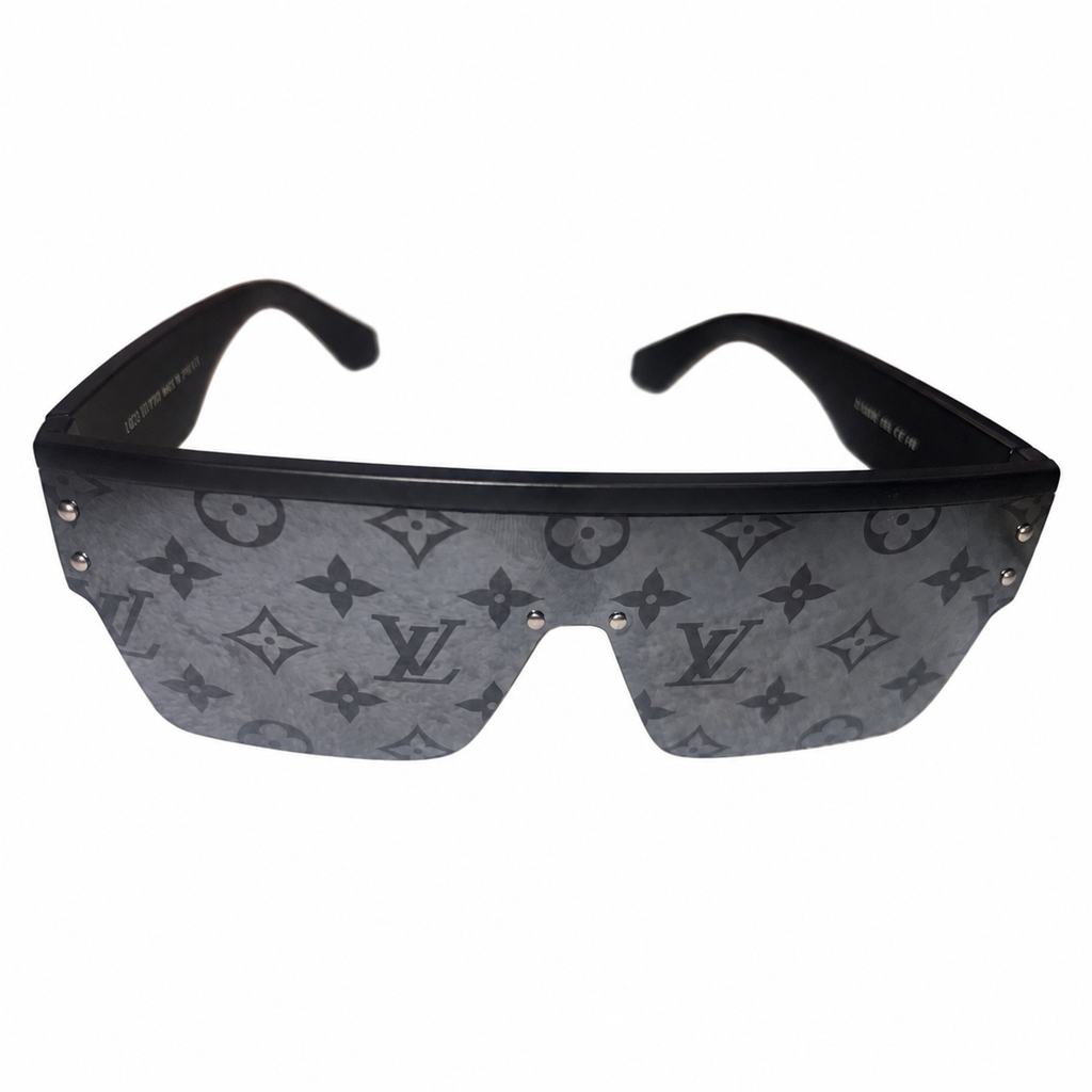 Louis Vuitton Waimea sunglasses, alternate front view showing monogram lenses and frame fasteners on white.