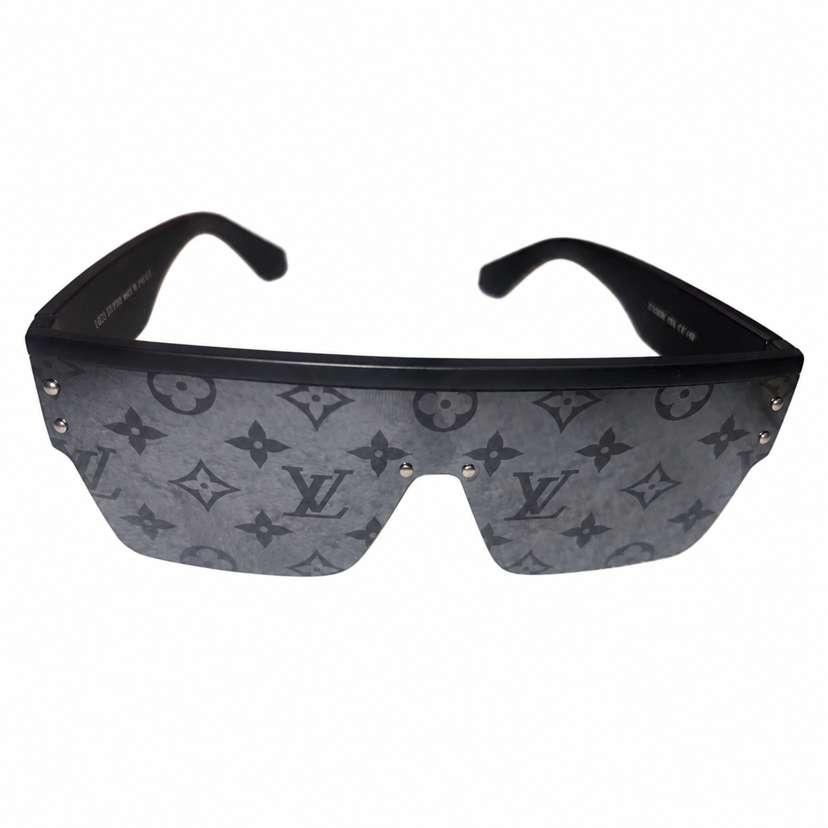 Louis Vuitton Waimea sunglasses, alternate front view showing monogram lenses and frame fasteners on white.