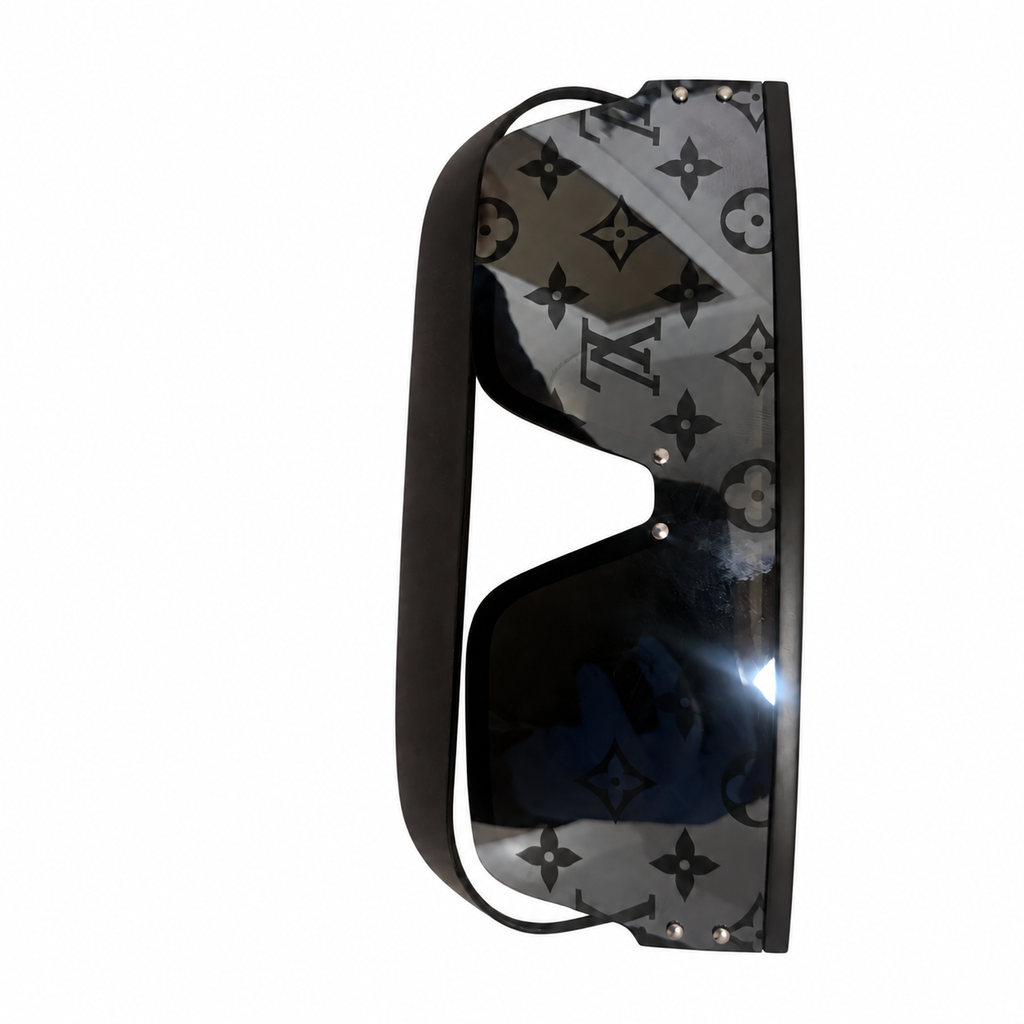 Louis Vuitton Waimea sunglasses, rotated front close-up showing monogram lenses, six fasteners and photographed reflections on white.