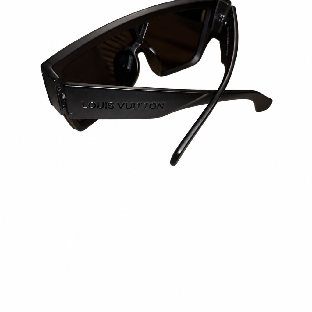 Louis Vuitton Waimea sunglasses, upper rear and opposite outer temple detail on white, with the original partial crop.
