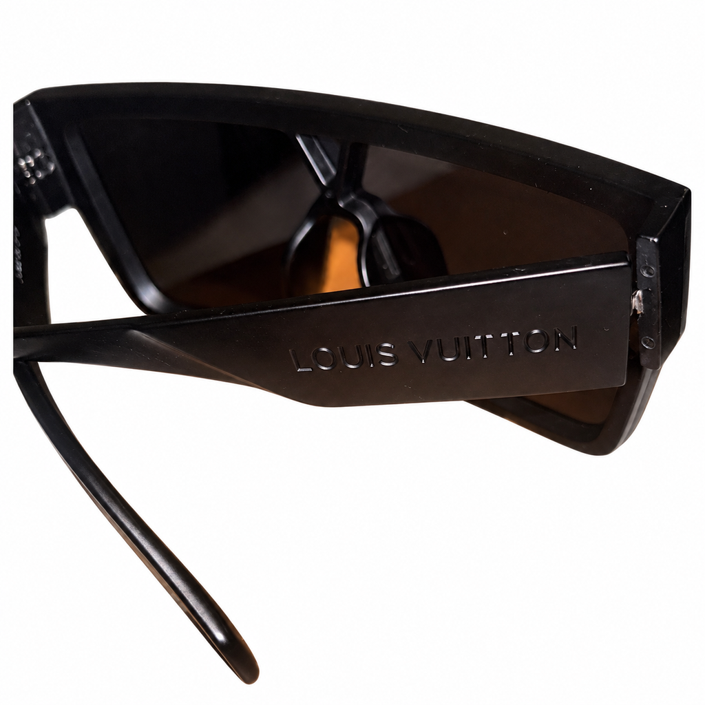 Louis Vuitton Waimea sunglasses, angled rear view with outer temple wordmark, lens backs and hinge detail on white.